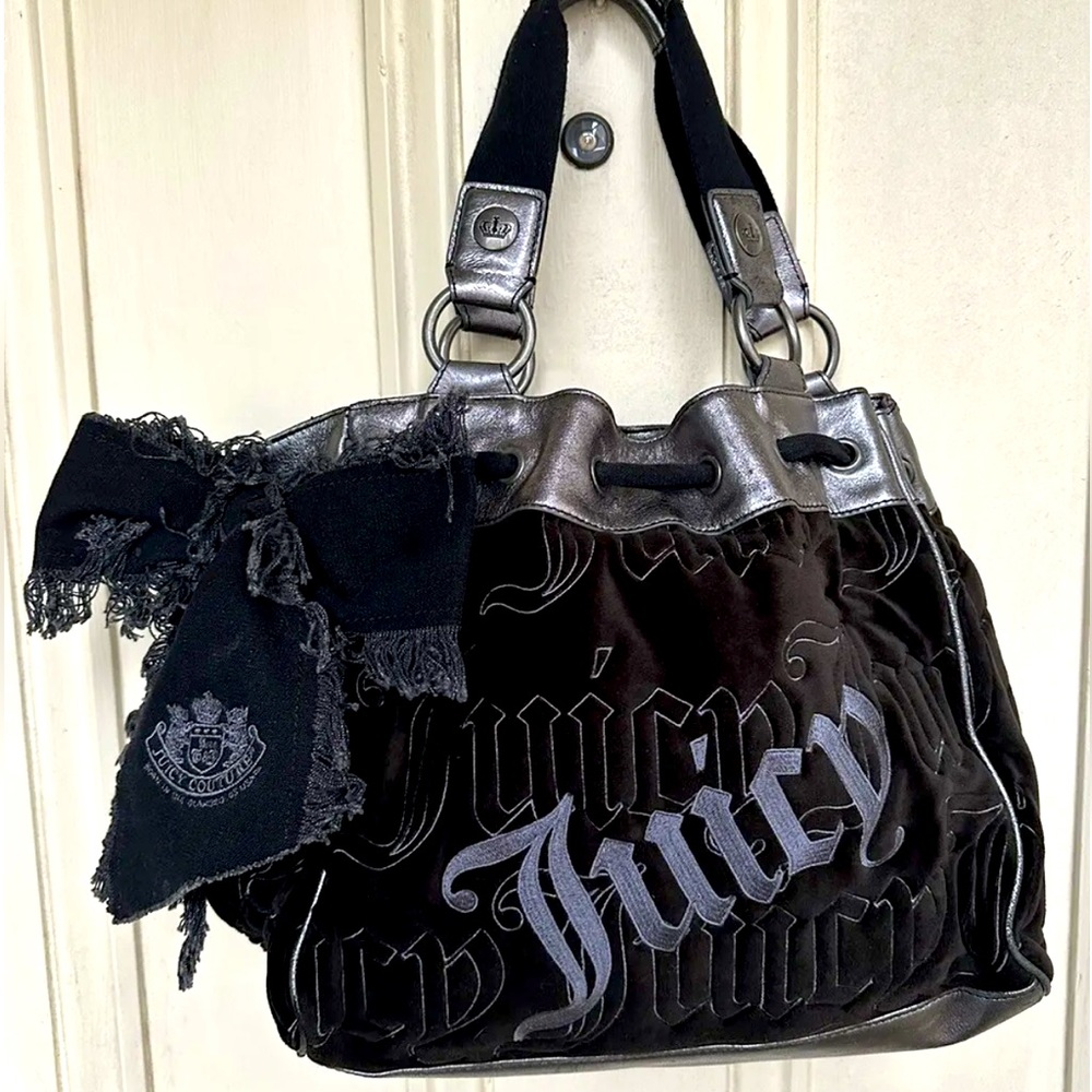 Juicy Couture Daydreamer Black & Denim Bow Bag Velour Y2K Vintage Logo Authentic